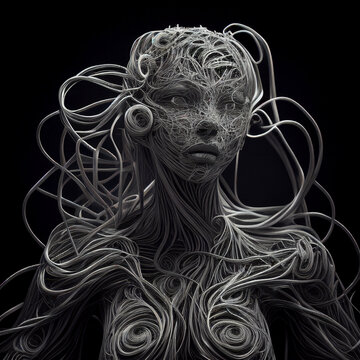 black and white woman made of wires