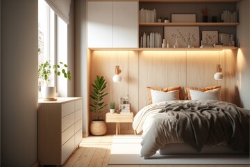 Bed Room Interior Design Scandy Dream Series: a Light blonde wood paneling and cabinetry with white walls, and natural textured accessories. Generative AI
