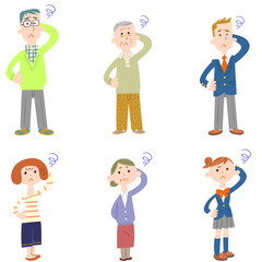 困った表情の様々な世代の人物のイラストセット
