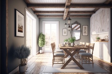 Fototapeta na wymiar Dining Room Interior Design Rustic Glam Series: White shiplap walls with natural reclaimed wood beams, light colored furniture with metallic accents. Generative AI 