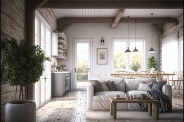 Living Room Interior Design Rustic Glam Series: White shiplap walls with natural reclaimed wood beams, light colored furniture with metallic accents. Generative AI
