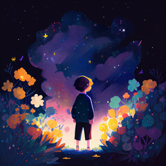 The boy is looking at the colorfull sky
