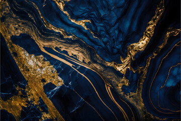 Obraz na płótnie Canvas Plain navy blue and gold smooth marble background made with Generative AI technology
