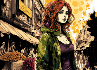 Grungy Urban Illustration of a Red Haired Woman on a Busy Market Street. [ Character Portrait. Graphic Novel, Video Game, Anime, Comic, or Manga.]