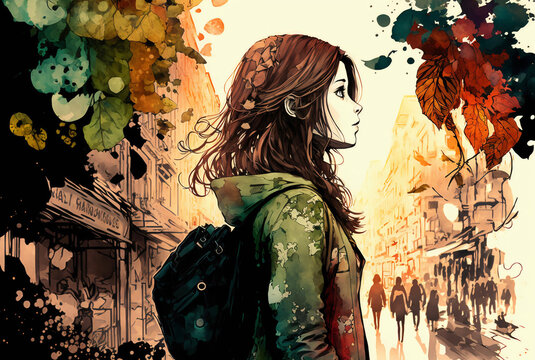 Grungy Urban Illustration of a Red Haired Woman on a Busy Market Street. [ Character Portrait. Graphic Novel, Video Game, Anime, Comic, or Manga.]