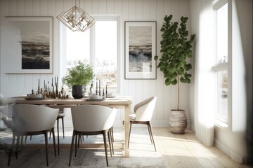 Dining Room Interior Design Coastal Retreat Series: Crisp white walls, bleached wood flooring, and coastal inspired natural woven textiles. Generative AI

