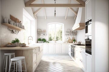 Fototapeta premium Kitchen Interior Design Coastal Retreat Series: Crisp white walls, bleached wood flooring, and coastal inspired natural woven textiles. Generative AI 