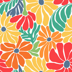 Beautiful vector old style 50s 70s retro floral seamless pattern with colorful flowers. Stock illustration.