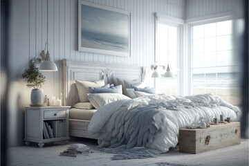 Bed Room Interior Design Coastal Retreat Series: Crisp white walls, bleached wood flooring, and coastal inspired natural woven textiles. Generative AI
