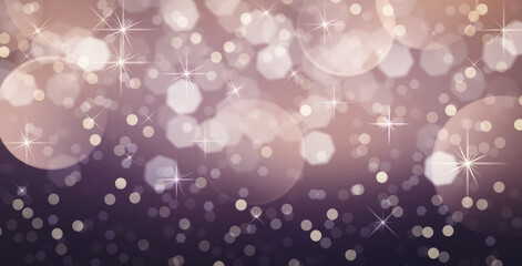 Glittering bokeh background, sparkling lights, blurry shiny stars, brown purple beige color gradient, wide banner size