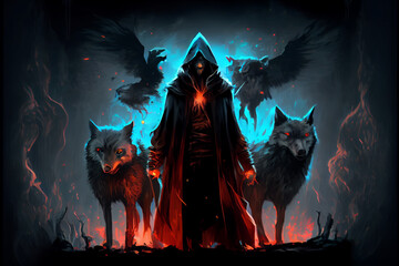 The wizard standing among his demonic wolves. Digital art style. Generative AI illustration