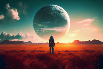 A sci-fi scene showing an astronaut standing in a field looking at a planet. Digital art style. Generative AI illustration