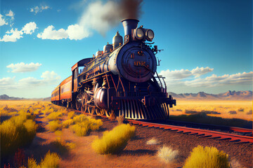 Classic transport train locomotive on blue sky background. Digital art style, generative AI illustration - obrazy, fototapety, plakaty