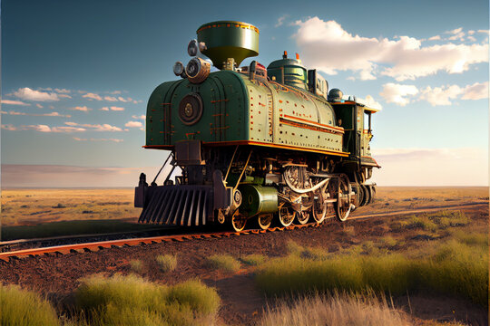 Green classic transport train locomotive on blue sky background. Digital art style, generative AI illustration