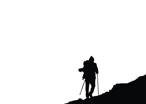 vector illustration  silhouette of one climber with ice axe in hand  black silhouette on white background