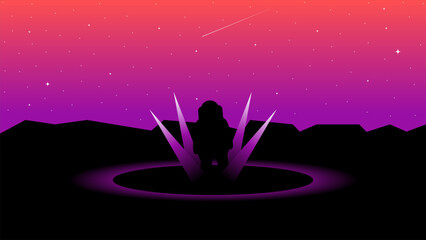 Vector illustration, desktop wallpaper. An astronaut stands amid crystals and halos emitting light in outer space.