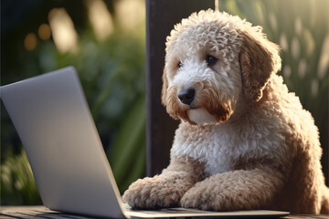 Golden doodle puppy dog using laptop, pup has it paws up on the laptop keyboard looking at the screen.  This is an image of a pet dog looking at the computer generative ai.