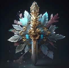 mythical sword of flower warior emblem kingdom, fantasy asset, elegant futuristic, game asset, generative ai,
