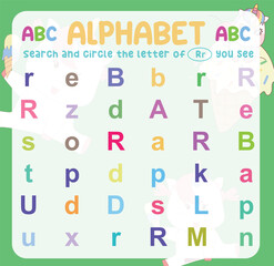 Search and circle the uppercase and lowercase of the R letter on the worksheet. Learning the alphabet for kindergarten and preschool children. Colorful and printable page. Educational worksheet. 