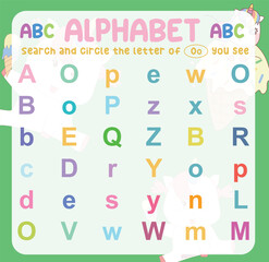 Search and circle the uppercase and lowercase of the O letter on the worksheet. Learning the alphabet for kindergarten and preschool children. Colorful and printable page. Educational worksheet. 