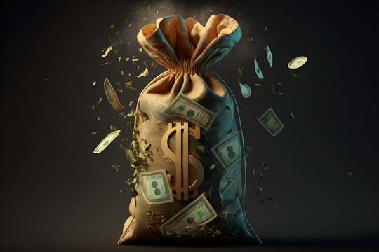 money bag with dollar sign background, modern design, 3d render, ai prompts