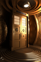 Science-fiction multidimension of Doctor Who, TARDIS spaceship, blue box, falling back-down through universe war, burning nights, destroying flood, world apocalypse, drop of tear saves, Generative AI
