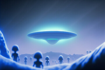 Obraz na płótnie Canvas Mysterious aliens and UFO in blue tones With Generative AI