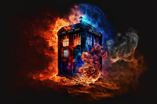 Science-fiction multidimension of Doctor Who, TARDIS spaceship, blue box, falling back-down through universe war, burning nights, destroying flood, world apocalypse, drop of tear saves, Generative AI
