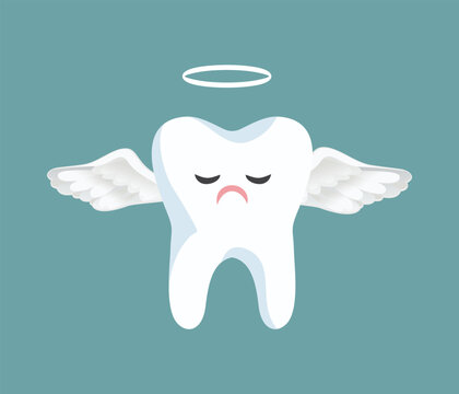 Sad Angel Tooth Extracted by the Dentist Vector Concept Illustration. Unhappy milk tooth falling off in a painful way
