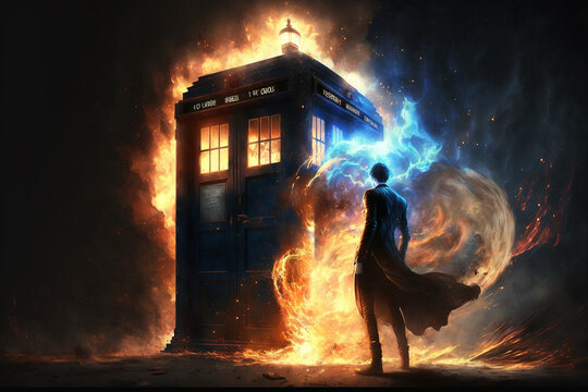 Science-fiction multidimension of Doctor Who, TARDIS spaceship, blue box, falling back-down through universe war, burning nights, destroying flood, world apocalypse, drop of tear saves, Generative AI
