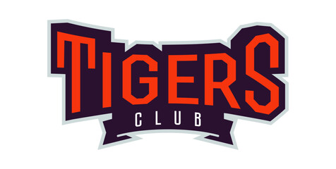 Bold sports font for tiger mascot logo. Text style lettering for esport, mascot logo, sport team, college club. Font on ribbon. Vector illustration isolated on background