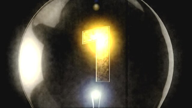 霧の中電球のようなガラスの中に入った金属質感の回転する3dの数字1