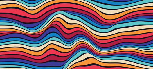 Groovy psychedelic wave background for banner design. Retro 60s 70s psychedelic pattern. Modern wave retro abstract design. Rainbow 60s, 70s, hippie vector.