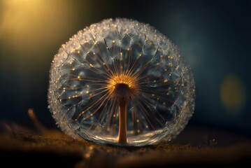 dandelion seeds backlit by the sun, with water droplets visible in soft focus (AI Generated)