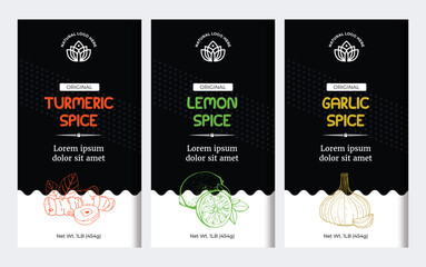 Fototapeta na wymiar Spice Box Design Turmeric Label Lemon Label Garlic Spice Label Designs. Abstract Vector Labels Template Set. Hand Drawn Sketch Herbs, Spice Background and Minimal Style. 