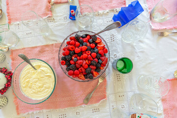 A bowl of berries and cream