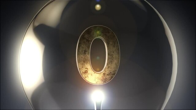 電球のようなガラス球の中に入った金属質感の回転する3dの数字0ナンバー のループ素材