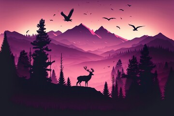 Naklejka premium Stunning Layered Landscape with Silhouette of Mountains at Sunset