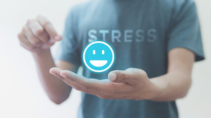 Man Holding of emotion happy blue icon virtual screen interface, stress meter, medical technology and business concept.