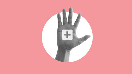 Man hands showing a medical cross icon isolated on a pink color background. abstact style. medical concept. Modern design