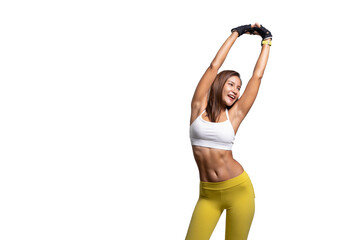 Shot of smiling young sporty Asian woman fitness model in white-top sportswear doing arms stretching. isolated on white background. Fitness and healthy lifestyle concept.