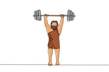 Fototapeta na wymiar Continuous one line drawing prehistoric man as weightlifter lifting barbell. Young man from the stone age. man keeping fit by weight lifting. Single line draw design vector graphic illustration
