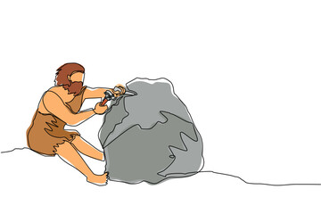 Single one line drawing prehistoric ancient primitive cave tribe man. Wild prehistoric character sitting, writing, carving stone age inscription on rock. Continuous line draw design vector