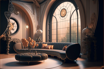 modern living room in the Art Nouveau style, Generative AI