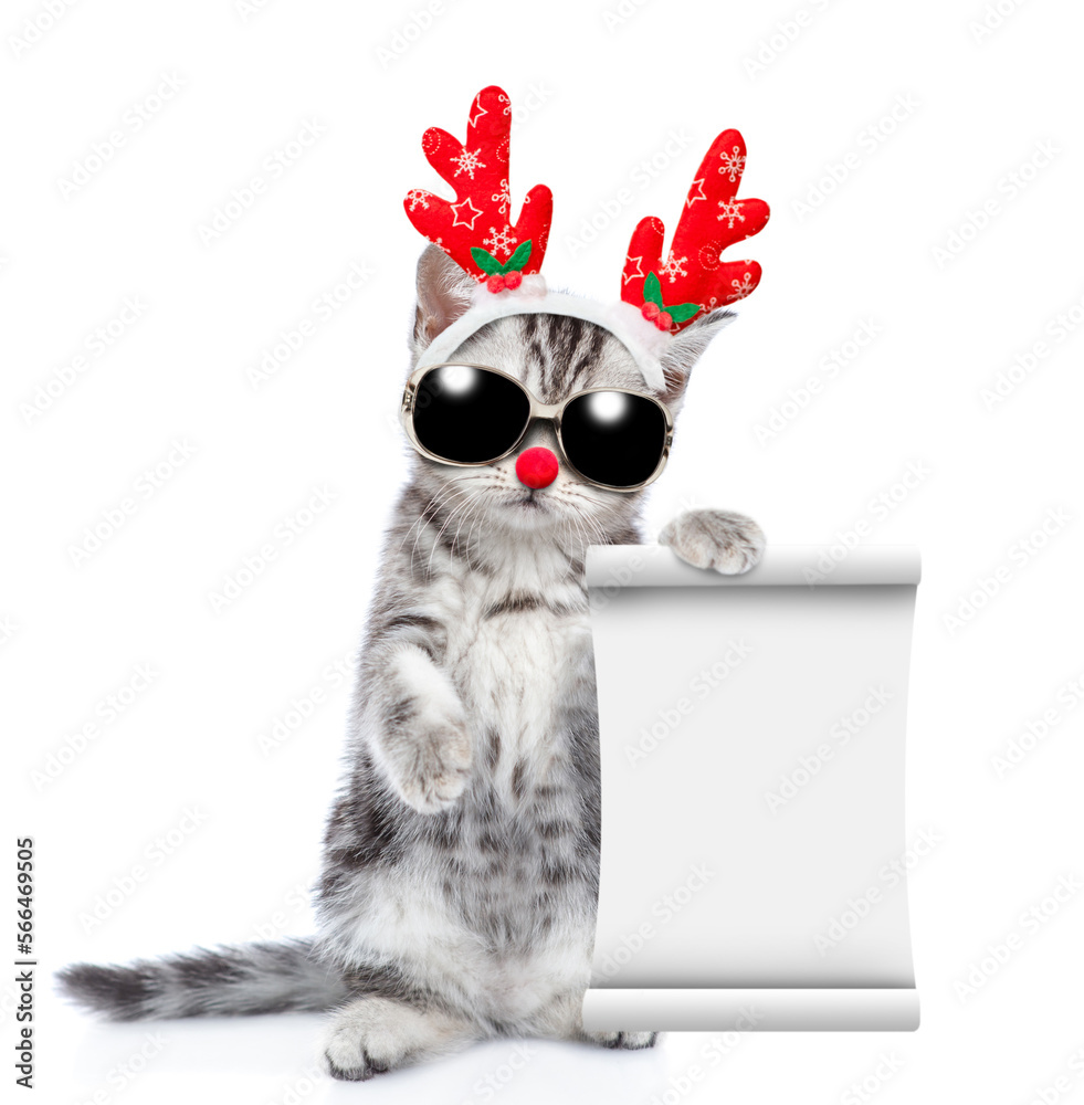 Poster funny kitten dressed like santa claus reindeer rudolf holds glass of champagne and shows empty list.