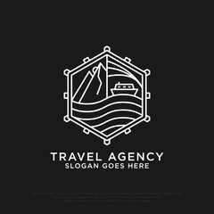 Obraz premium Outdoor Tour and travel Agency logo with outline vector illustration, best for travel, holiday, outdoor activity icon logo designs