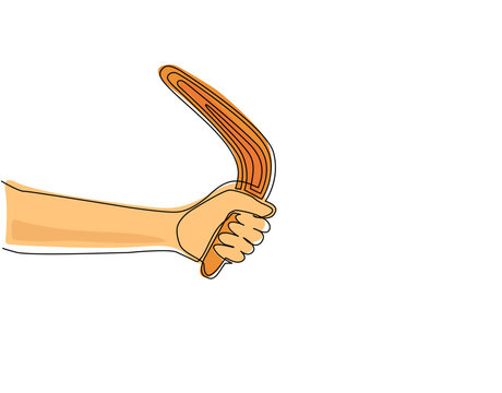 recommend clip art: Single one line drawing hand holding boomerang, ancient aboriginal hunting tool from Australia. Traditional souvenir, Australian native symbols. Continuous line draw design graphic vector illustration
