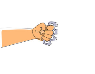 Continuous one line drawing hand with brass knuckles. Vintage retro woodcut criminal brass knuckle weapon. Can be used like emblem, logo, badge. Single line draw design vector graphic illustration