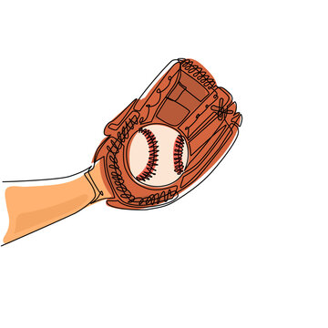 Single continuous line drawing baseball player hand holding ball with glove. Catcher concept. Sports equipment stock. Mitt holding baseball ball. One line draw graphic design vector illustration