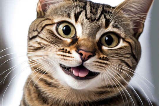 closeup a cat is smiling on white background, Made by AI,Artificial intelligence